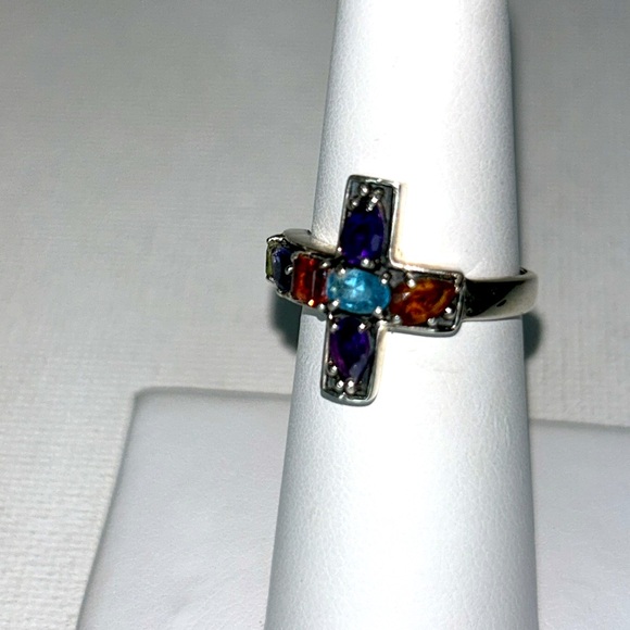 NWOT Designer Samuel B. Sterling Silver Multi Gemstone Side Way Cross Ring Boho - Picture 3 of 12